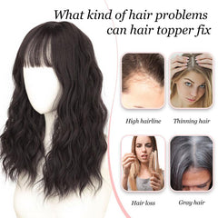 KooKaStyle Curly Wave Hair Topper with Bangs | 18 Inch Synthetic Invisible Hairpiece for Women