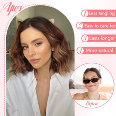 KooKaStyle 14 & 18 Inch Brown Highlight Wigs for Women, Shoulder Length Wavy Synthetic Wig with Pre-Cut Lace Hairline, Middle Part Bob