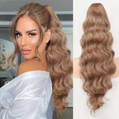 KooKaStyle 26 Inch Wavy Dark Brown Ponytail Extension, Synthetic Clip-In Drawstring Hairpiece for Women, Natural Body Wave Daily Wear