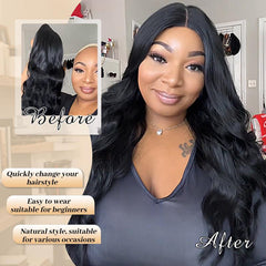 KooKaStyle Long Wavy Black Wig for Women, 26 Inch Synthetic Lace Front Heat Resistant Wig with Middle Part for Daily & Party Wear