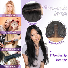 KooKaStyle Natural Black Glueless Wig | Pre-Cut Synthetic Lace Front, Long Layered Straight 26 Inch for Women