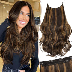 KooKaStyle 20 Inch Invisible Wire Hair Extensions, Long Wavy Layered Synthetic Hairpiece with 6 Clips & Adjustable Transparent Wire
