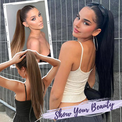 KooKaStyle Long Straight Drawstring Ponytail Extension 32 Inch Black Synthetic Heat Resistant Hairpiece