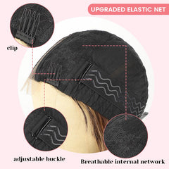KooKaStyle 14 & 18 Inch Brown Highlight Wigs for Women, Shoulder Length Wavy Synthetic Wig with Pre-Cut Lace Hairline, Middle Part Bob
