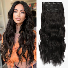 KooKaStyle Clip in Synthetic Hair Extensions Long Wavy 4PCS Double Weft Thick Hairpieces for Women