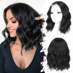 KooKaStyle 14 & 18 Inch Brown Highlight Wigs for Women, Shoulder Length Wavy Synthetic Wig with Pre-Cut Lace Hairline, Middle Part Bob
