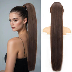 KooKaStyle Long Straight Drawstring Ponytail Extension 32 Inch Black Synthetic Heat Resistant Hairpiece
