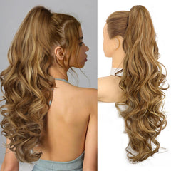 KooKaStyle 24 Inch Curly Wavy Ponytail Extension | Claw Clip Synthetic Hairpiece for Women, Natural Fluffy Pony Tail