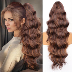 KooKaStyle 26 Inch Wavy Dark Brown Ponytail Extension, Synthetic Clip-In Drawstring Hairpiece for Women, Natural Body Wave Daily Wear
