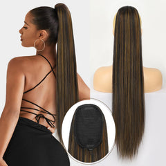 KooKaStyle Long Straight Drawstring Ponytail Extension 32 Inch Black Synthetic Heat Resistant Hairpiece