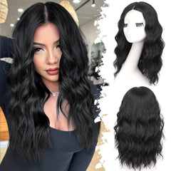 KooKaStyle 14 & 18 Inch Brown Highlight Wigs for Women, Shoulder Length Wavy Synthetic Wig with Pre-Cut Lace Hairline, Middle Part Bob