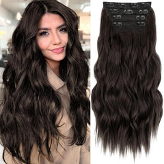 KooKaStyle Clip in Synthetic Hair Extensions Long Wavy 4PCS Double Weft Thick Hairpieces for Women
