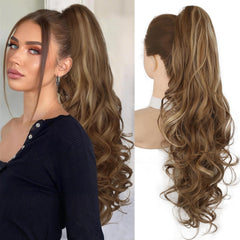 KooKaStyle 24 Inch Curly Wavy Ponytail Extension | Claw Clip Synthetic Hairpiece for Women, Natural Fluffy Pony Tail