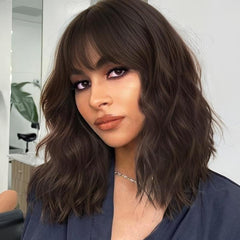 KooKaStyle Curly Bob Wig with Bangs, Short Wavy Synthetic Heat Resistant Wig for Women, Easy to Wear Bob Style Hairpiece