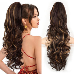KooKaStyle 24 Inch Curly Wavy Ponytail Extension | Claw Clip Synthetic Hairpiece for Women, Natural Fluffy Pony Tail