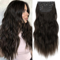 KooKaStyle Clip in Synthetic Hair Extensions Long Wavy 4PCS Double Weft Thick Hairpieces for Women