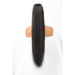 KooKaStyle Long Straight Drawstring Ponytail Extension 32 Inch Black Synthetic Heat Resistant Hairpiece