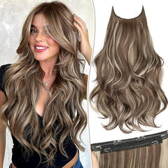 KooKaStyle 20 Inch Invisible Wire Hair Extensions, Long Wavy Layered Synthetic Hairpiece with 6 Clips & Adjustable Transparent Wire