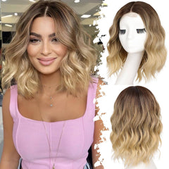 KooKaStyle 14 & 18 Inch Brown Highlight Wigs for Women, Shoulder Length Wavy Synthetic Wig with Pre-Cut Lace Hairline, Middle Part Bob