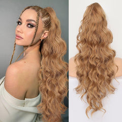 KooKaStyle 26 Inch Wavy Dark Brown Ponytail Extension, Synthetic Clip-In Drawstring Hairpiece for Women, Natural Body Wave Daily Wear