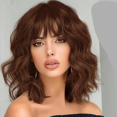 KooKaStyle Curly Bob Wig with Bangs, Short Wavy Synthetic Heat Resistant Wig for Women, Easy to Wear Bob Style Hairpiece
