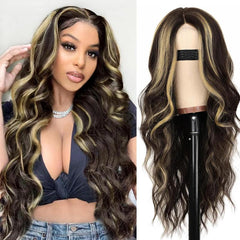 KooKaStyle Long Wavy Black Wig for Women, 26 Inch Synthetic Lace Front Heat Resistant Wig with Middle Part for Daily & Party Wear