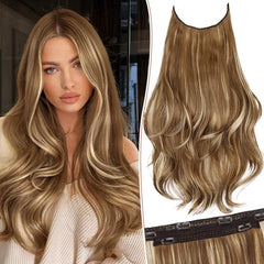 KooKaStyle 20 Inch Invisible Wire Hair Extensions, Long Wavy Layered Synthetic Hairpiece with 6 Clips & Adjustable Transparent Wire