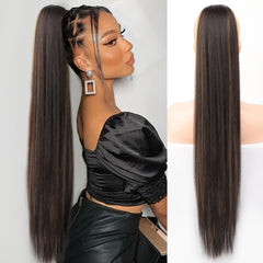 KooKaStyle Long Straight Drawstring Ponytail Extension 32 Inch Black Synthetic Heat Resistant Hairpiece