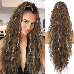 KooKaStyle 30 Inch Long Curly Ponytail Extension for Women | Drawstring Synthetic Hairpiece Natural Wavy Pony Tail