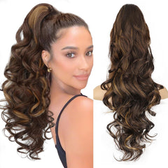 KooKaStyle 24 Inch Curly Wavy Ponytail Extension | Claw Clip Synthetic Hairpiece for Women, Natural Fluffy Pony Tail