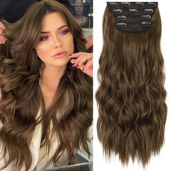 KooKaStyle Clip in Synthetic Hair Extensions Long Wavy 4PCS Double Weft Thick Hairpieces for Women