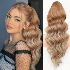 KooKaStyle 26 Inch Wavy Dark Brown Ponytail Extension, Synthetic Clip-In Drawstring Hairpiece for Women, Natural Body Wave Daily Wear