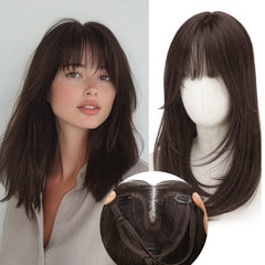KooKaStyle 18 Inch Hair Topper with Bangs | Synthetic Layered Hairpiece, Natural Invisible Coverage for Women