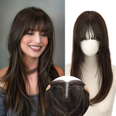 KooKaStyle 18 Inch Hair Topper with Bangs | Synthetic Layered Hairpiece, Natural Invisible Coverage for Women