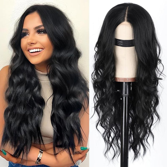 KooKaStyle Long Wavy Black Wig for Women, 26 Inch Synthetic Lace Front Heat Resistant Wig with Middle Part for Daily & Party Wear