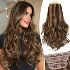 [kookastyle] clip in hair extensions 4 pcs natural long Synthetic wavy curly hairpieces Layered soft invisible for women Dark Brown 20 inch