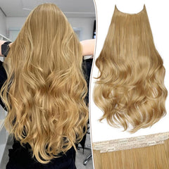 KooKaStyle 20 Inch Invisible Wire Hair Extensions, Long Wavy Layered Synthetic Hairpiece with 6 Clips & Adjustable Transparent Wire