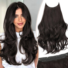 KooKaStyle 20 Inch Invisible Wire Hair Extensions, Long Wavy Layered Synthetic Hairpiece with 6 Clips & Adjustable Transparent Wire