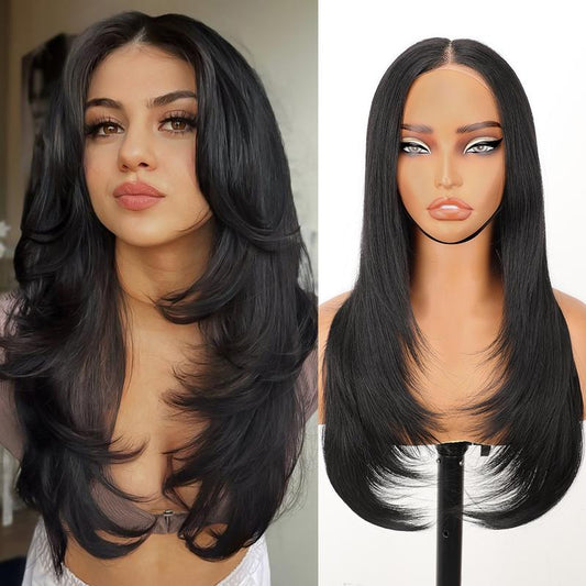 KooKaStyle Black Wig with Bangs | 24" Glueless Synthetic Lace Front Wig for Women, Pre-Plucked & Pre-Cut, Layered Highlight, Ready-to-Wear Middle Part