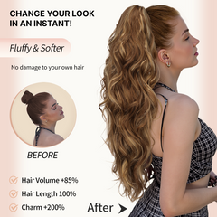 [NEW IN] KooKaStyle Ponytail Extension 26" Fluffy Long Wavy Curly Claw Clip Hair Extensions Ponytail Multi-layered Clip in Fake Pony Tails Natural Soft Synthetic Hairpiece Light Brown with Blonde