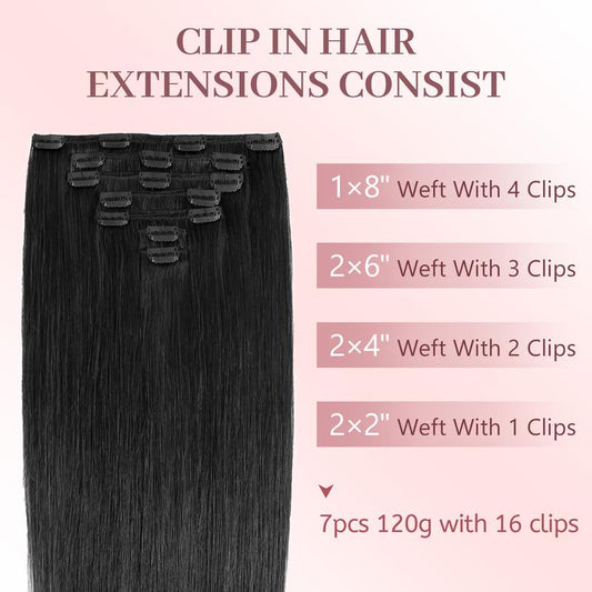 KooKaStyle Straight Real Human Hair Clip-in Extensions | Soft & Silky Natural Human Hair, 7PCS 120g for Women Daily Use