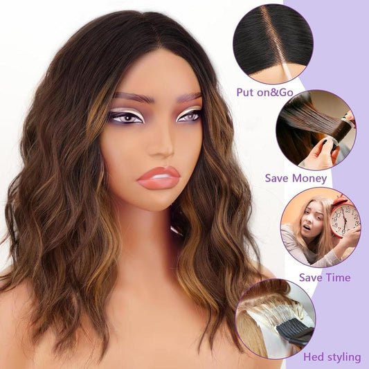 KooKaStyle 14 & 18 Inch Brown Highlight Wigs for Women, Shoulder Length Wavy Synthetic Wig with Pre-Cut Lace Hairline, Middle Part Bob