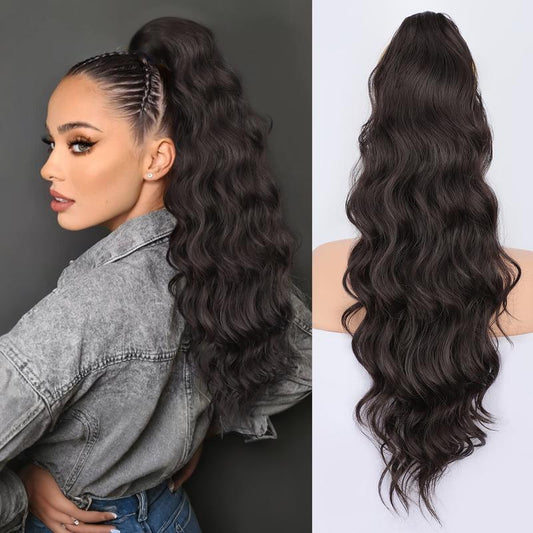 KooKaStyle 26 Inch Wavy Dark Brown Ponytail Extension, Synthetic Clip-In Drawstring Hairpiece for Women, Natural Body Wave Daily Wear