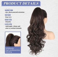 KooKaStyle 24 Inch Curly Wavy Ponytail Extension | Claw Clip Synthetic Hairpiece for Women, Natural Fluffy Pony Tail