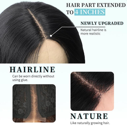 KooKaStyle Long Wavy Black Wig for Women, 26 Inch Synthetic Lace Front Heat Resistant Wig with Middle Part for Daily & Party Wear