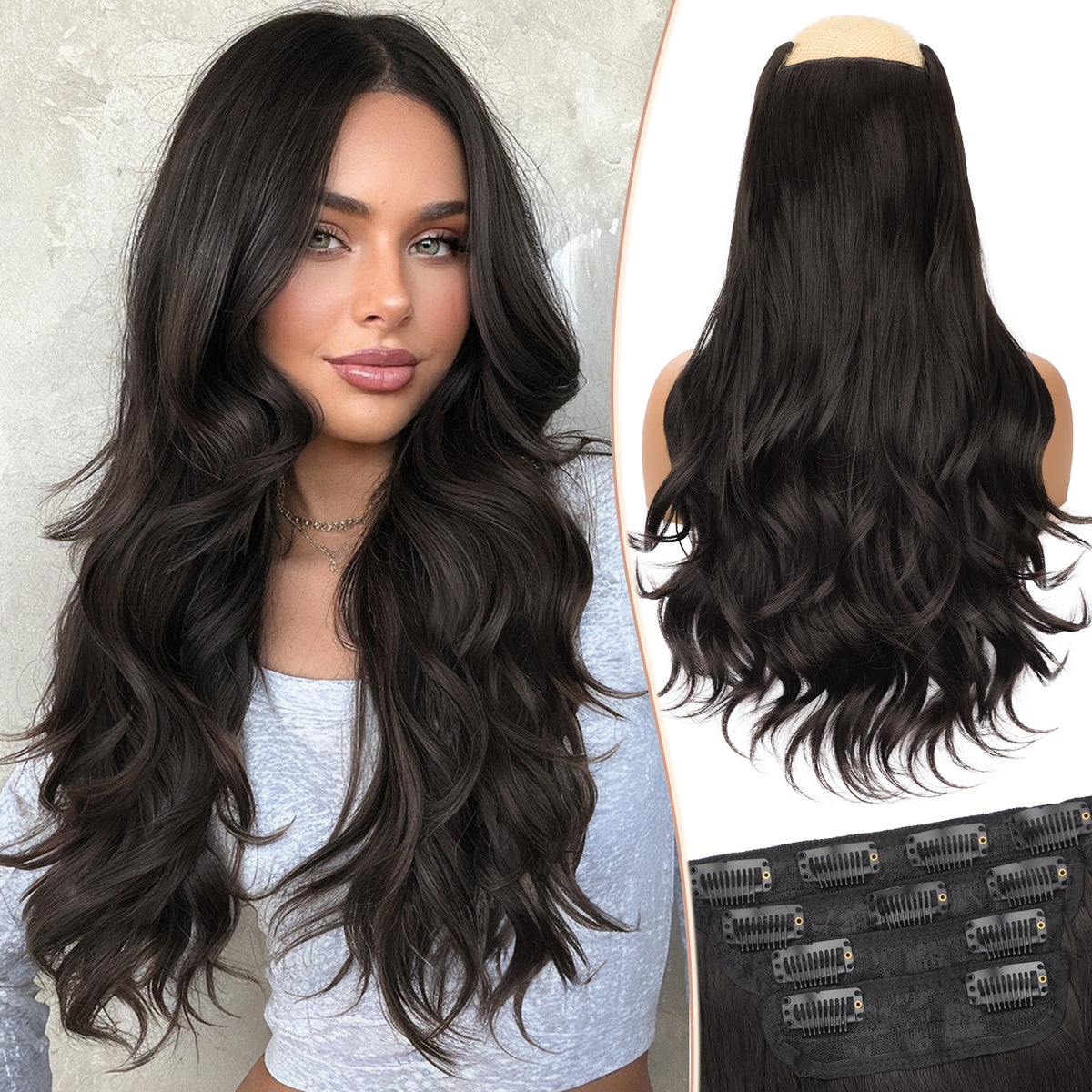 [kookastyle] clip in hair extensions 4 pcs natural long Synthetic wavy curly hairpieces Layered soft invisible for women Dark Brown 20 inch