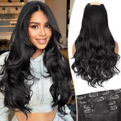 [kookastyle] clip in hair extensions 4 pcs natural long Synthetic wavy curly hairpieces Layered soft invisible for women Dark Brown 20 inch