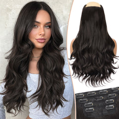 [kookastyle] clip in hair extensions 4 pcs natural long Synthetic wavy curly hairpieces Layered soft invisible for women Dark Brown 20 inch