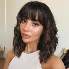 KooKaStyle Curly Bob Wig with Bangs, Short Wavy Synthetic Heat Resistant Wig for Women, Easy to Wear Bob Style Hairpiece