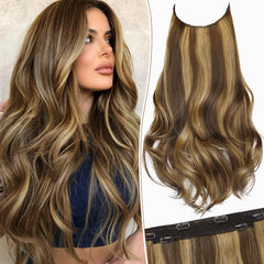 KooKaStyle 20 Inch Invisible Wire Hair Extensions, Long Wavy Layered Synthetic Hairpiece with 6 Clips & Adjustable Transparent Wire